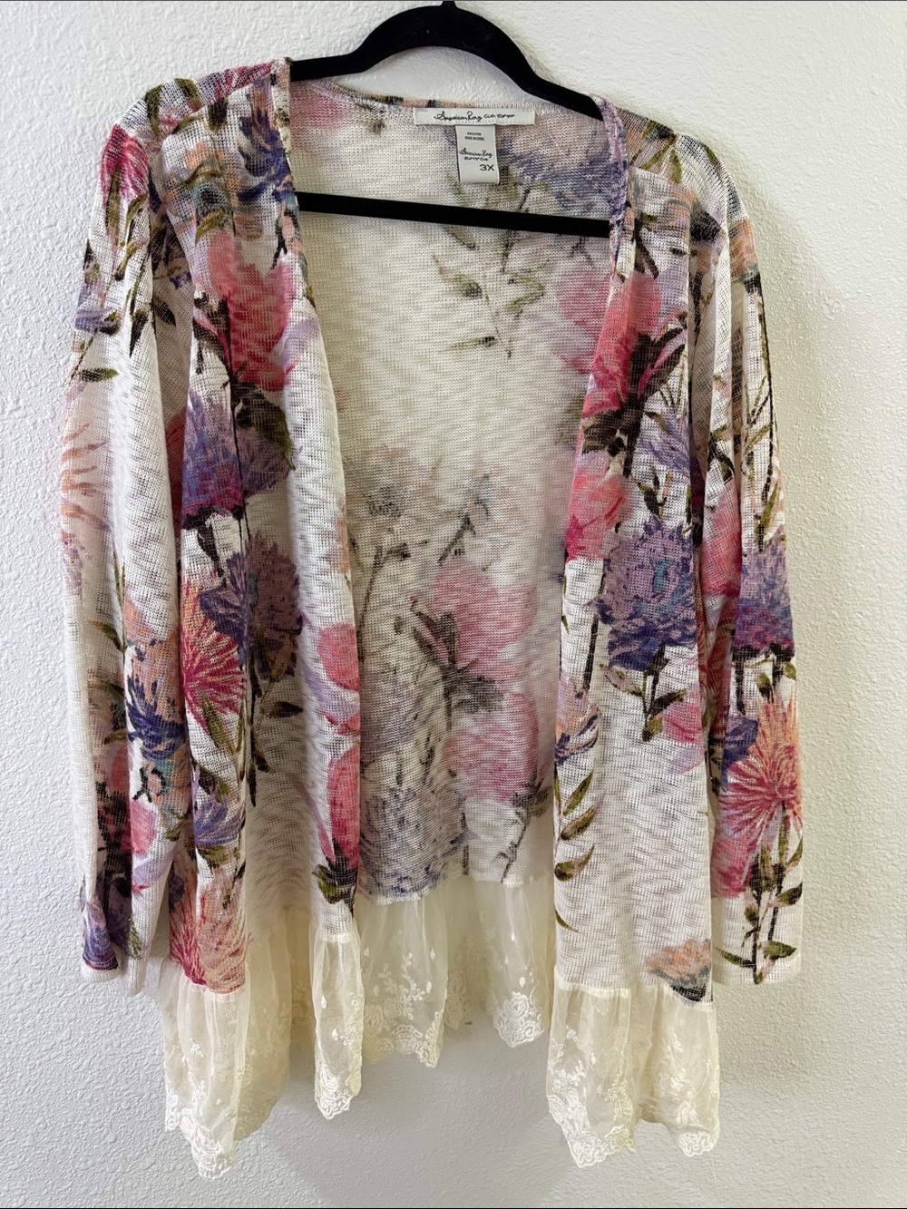 American Rag SZ 3X Floral Open Cardigan - Cream with Pink & Purple